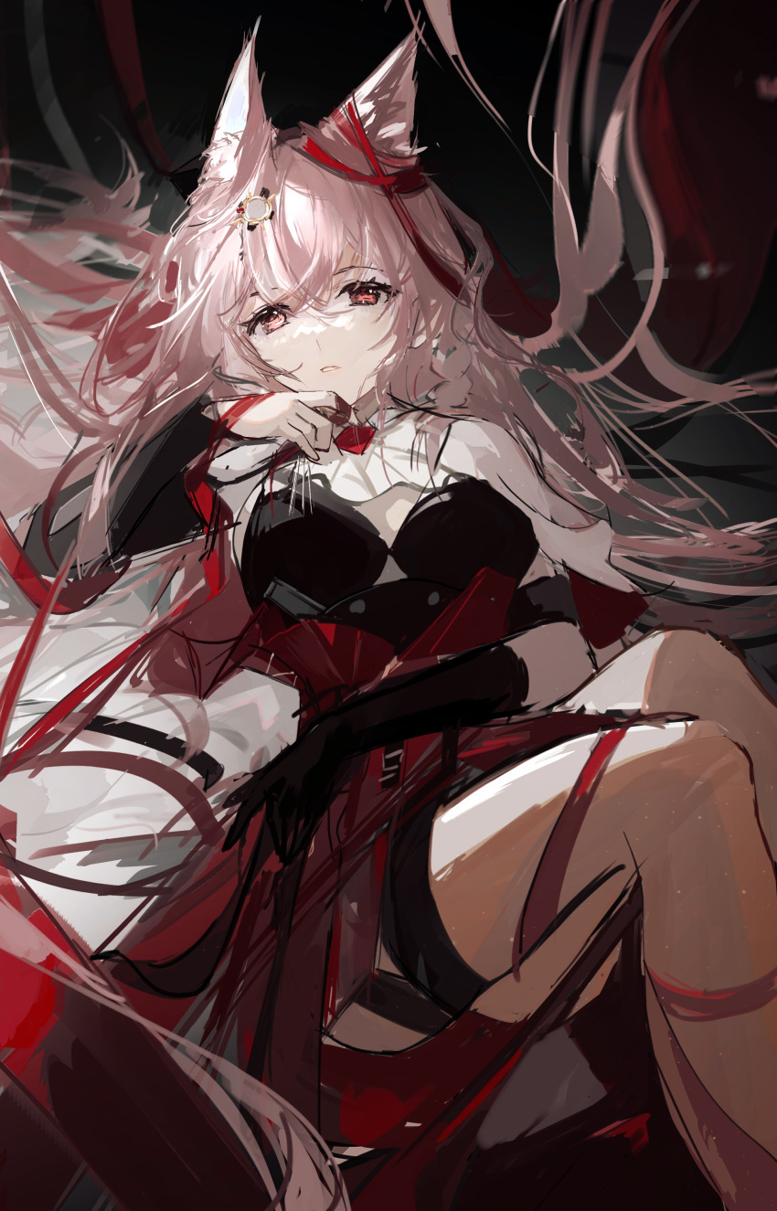 1girl absurdres animal_ears arknights black_shirt brown_eyes ear_ribbon feet_out_of_frame highres long_hair looking_at_viewer lying on_back parted_lips pink_hair pozyomka_(arknights) qianzhu red_ribbon red_skirt ribbon shirt skirt solo wolf_ears wolf_girl