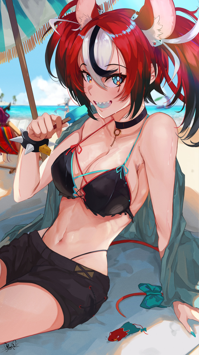 3girls absurdres animal_ears arm_support bare_shoulders beach bikini bikini_under_clothes black_shorts blue_eyes blue_nails bow bracelet breasts choker cleavage fish_tail food food_in_mouth from_side gawr_gura hair_between_eyes hakos_baelz highleg highleg_bikini highres hololive hololive_english irys_(hololive) jewelry key long_hair mouse_ears mouse_girl mouse_tail moyomo mr._squeaks_(hakos_baelz) multicolored_hair multiple_girls navel ocean open_mouth popsicle red_hair shade shark_girl shark_tail sharp_teeth short_shorts shorts sitting smile solo_focus spiked_bracelet spikes streaked_hair swimsuit tail tail_bow tail_ornament teeth tsurime twintails umbrella virtual_youtuber