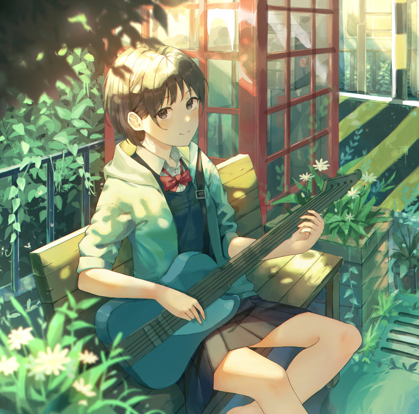 1girl absurdres aoi_aioi bangs bench black_eyes black_hair blush bow bowtie closed_mouth commentary_request guitar highres holding holding_instrument instrument jacket looking_at_viewer phone_booth red_bow red_bowtie revision scenery shadow shirt short_hair simo_(user_fshg3833) sitting sleeves_rolled_up smile solo sora_no_aosa_o_shiru_hito_yo white_jacket white_shirt