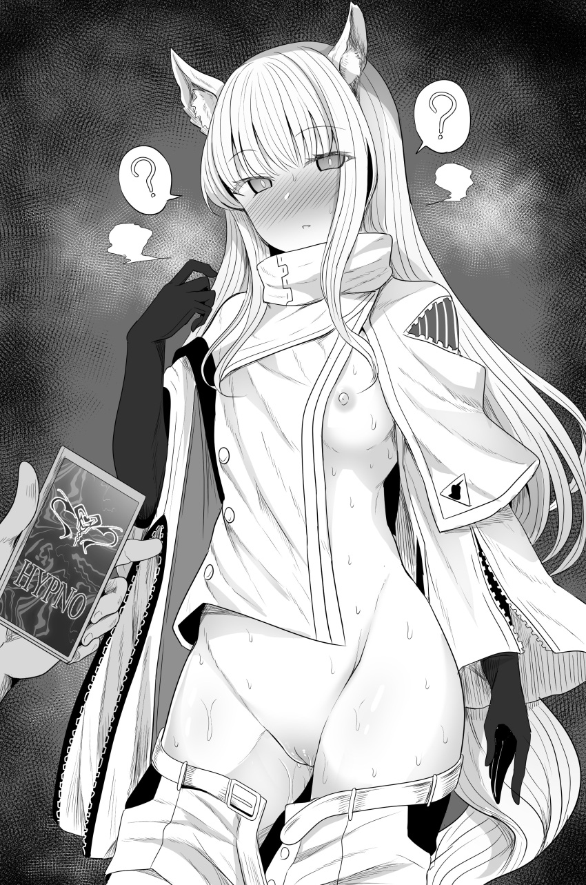 1girl ? absurdres arknights blush breasts buttons clothes_pull elbow_gloves gloves godharo1 grey_background greyscale highres jacket monochrome nipples no_bra nude one_breast_out open_fly platinum_(arknights) pussy pussy_juice shorts shorts_pull simple_background small_breasts solo_focus spoken_question_mark uncensored