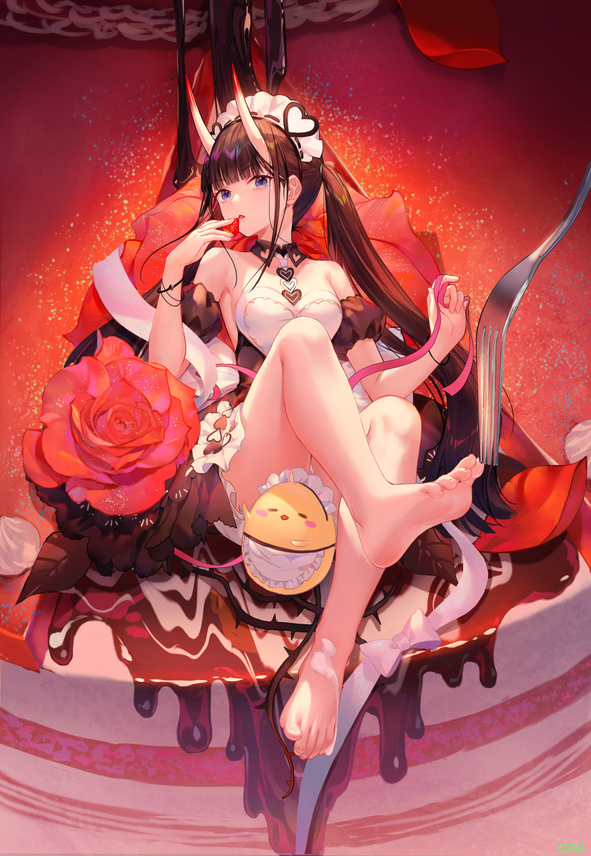 1girl absurdres apron atdan azur_lane bangs bare_legs bare_shoulders barefoot black_dress black_hair blunt_bangs breasts cake cream_on_body detached_sleeves dress feet flower food fork fruit full_body highres holding holding_food holding_fruit holding_ribbon horns long_hair looking_at_viewer maid_headdress manjuu_(azur_lane) medium_breasts noshiro_(azur_lane) noshiro_(hold_the_ice)_(azur_lane) official_alternate_costume oni_horns pink_ribbon puffy_short_sleeves puffy_sleeves purple_eyes red_flower red_rose revision ribbon rose short_sleeves sitting soles solo strawberry thorns toes twintails very_long_hair white_apron