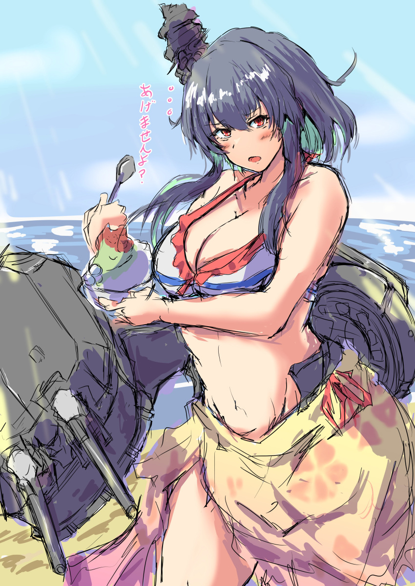 1girl absurdres beach bikini black_hair blue_sky cloud commentary_request day frilled_bikini frills hair_ornament highres horizon kantai_collection kurage_ituki looking_at_viewer machinery ocean official_alternate_costume outdoors red_eyes sarong shaved_ice short_hair sky solo spoon standing striped striped_bikini swimsuit translation_request white_bikini yamashiro_(kancolle)