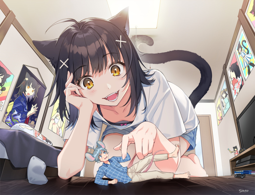 1boy 1girl :d ahoge animal_ears artist_name bangs barefoot bed bedroom black_hair blue_eyes blue_hair blue_shirt blue_shorts blunt_bangs cat_ears cat_girl cat_tail collarbone commentary_request controller dakimakura_(object) door fangs game_console game_controller hair_ornament indoors long_shirt long_sleeves miniboy mouse_boy mouse_ears mouse_tail open_mouth original pants pillow plaid plaid_shirt playstation_4 poster_(object) shirt short_sleeves shorts smile tail teeth television tsukumon_123 watermark white_pants white_shirt x_hair_ornament yellow_eyes