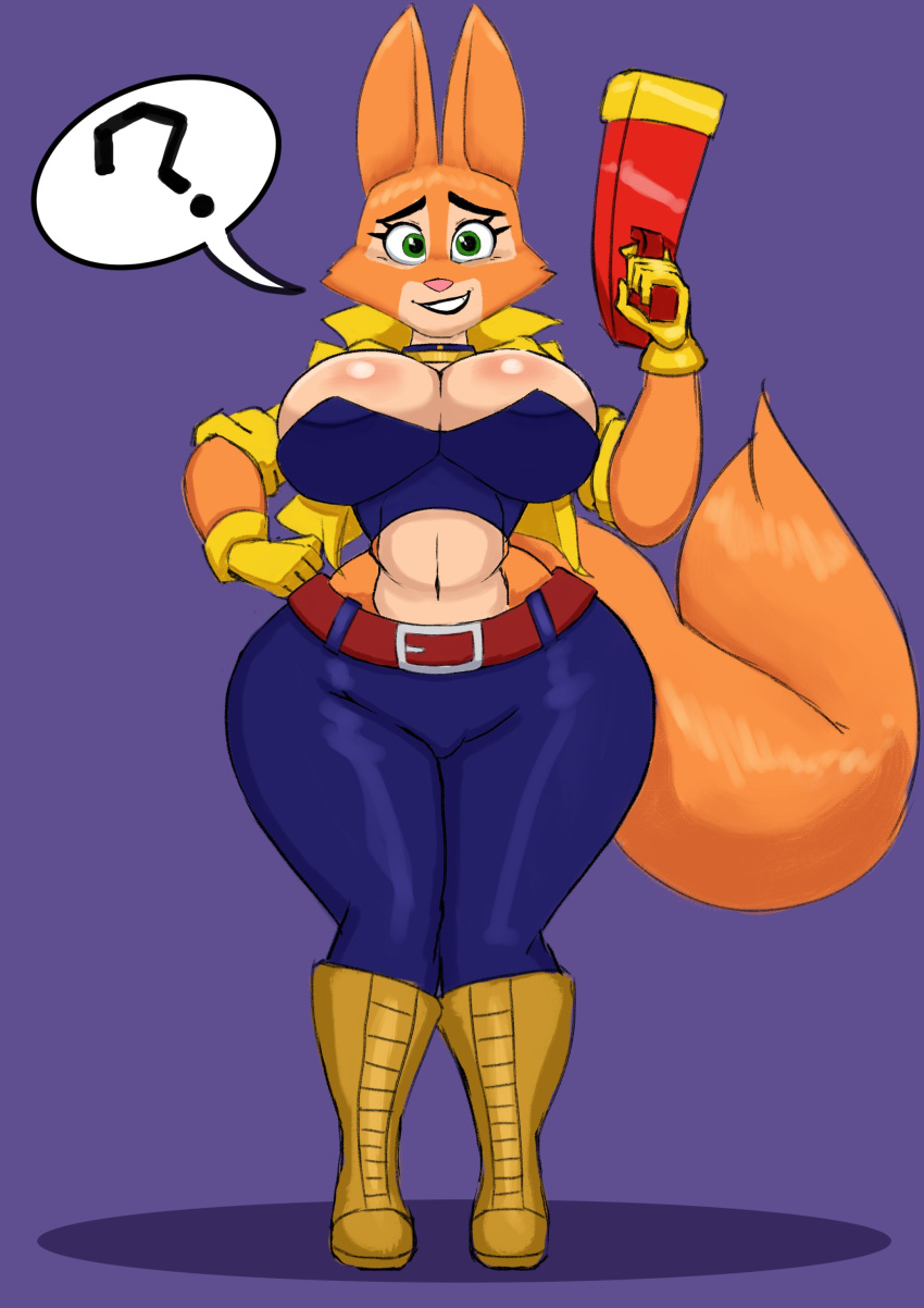 absurd_res anthro big_breasts boots bottomwear breasts canid canine carmelita_fox cleavage clothed clothing cosplay costume crossover crossover_cosplay curvy_figure diane_foxington dreamworks female footwear fox geebie33 gloves green_eyes gun handwear hi_res hourglass_figure jacket looking_at_viewer mammal midriff navel orange_body pants purple_background question_mark ranged_weapon simple_background sly_cooper_(series) solo sony_corporation sony_interactive_entertainment speech_bubble sucker_punch_productions the_bad_guys thick_thighs topwear tube_top video_games weapon wide_hips