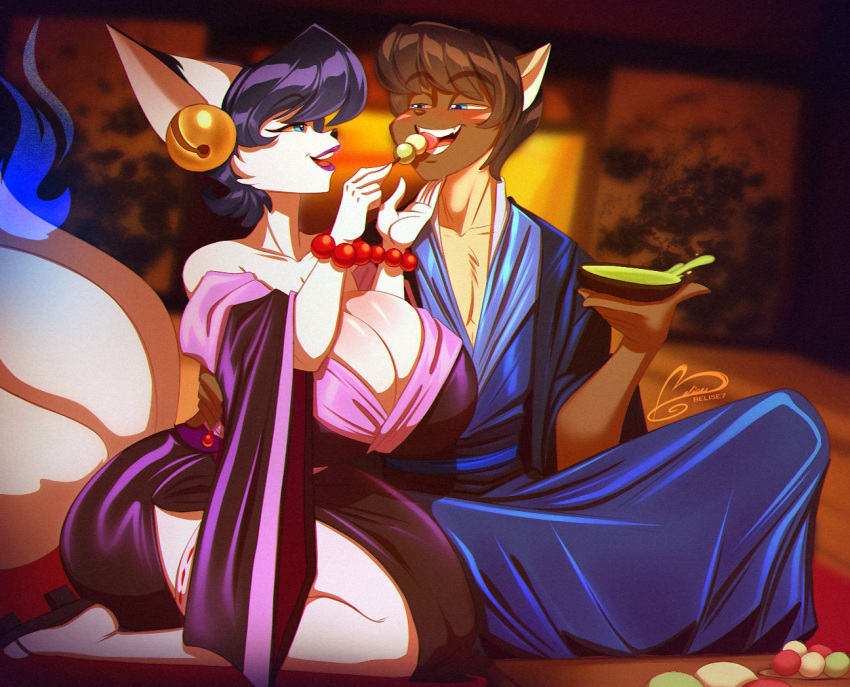 anthro asian_clothing bare_shoulders big_breasts black_hair bowl bracelet breasts brown_body brown_fur brown_hair canid canine cleavage clothed clothing container duo ear_piercing ear_ring east_asian_clothing feeding female fox fox_spirit fur hair holding_bowl holding_container holding_object huge_breasts japanese_clothing jewelry kimono kneeling legwear looking_at_another male male/female mammal medium_hair ooo-belise-ooo piercing ring_piercing sitting_on_ground thigh_highs unknown_species watermark white_body white_fur