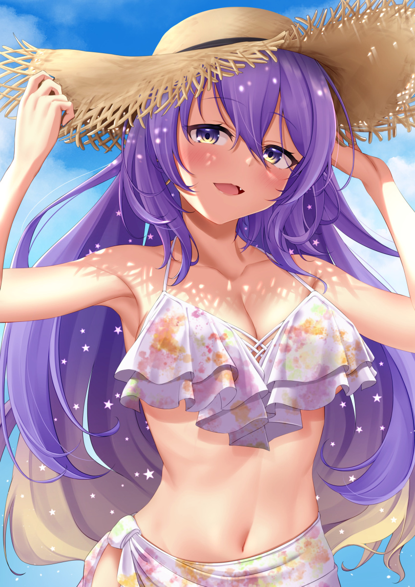1girl absurdres arms_up bikini breasts cleavage collarbone colored_tips fang floral_print frilled_bikini frills gradient_hair hat highres holding holding_clothes holding_hat hololive hololive_indonesia kaigan large_breasts light_blush looking_at_viewer moona_hoshinova multicolored_hair navel open_mouth purple_hair ribs sky smile straw_hat sun_hat swimsuit upper_body virtual_youtuber yellow_eyes