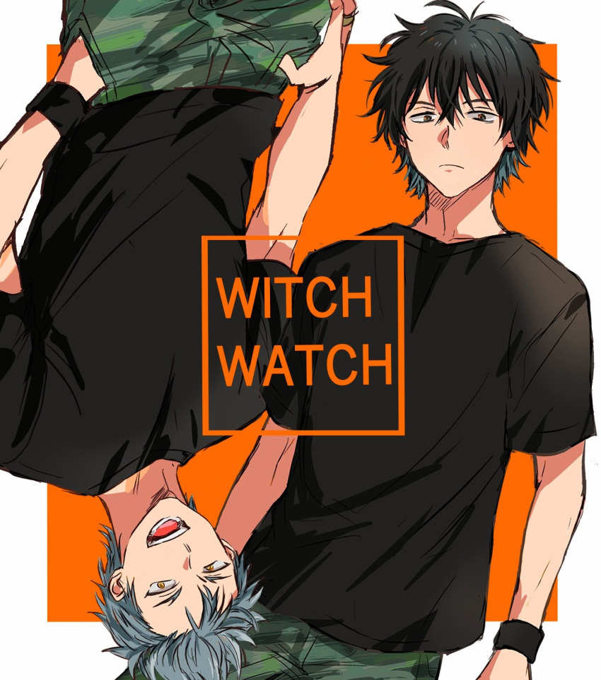 2boys :d black_hair black_shirt camouflage camouflage_pants copyright_name dual_persona grey_hair highres hinata_(ryohinata) jewelry magami_keigo multiple_boys orange_background pants ring shirt short_sleeves smile witch_watch wristband yellow_eyes