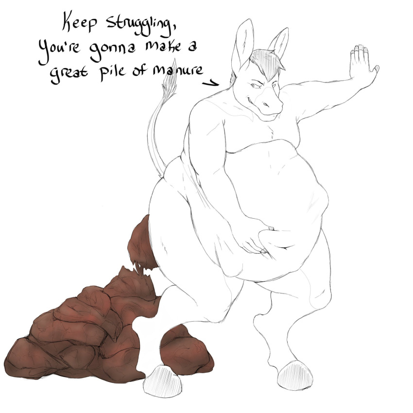 abdominal_bulge after_vore anthro asinus belly big_belly dialogue disposal donkey equid equine feces hand_on_stomach heathermactavish hi_res hooves male mammal pooping post_vore_scat same_size_vore scat solo text vore