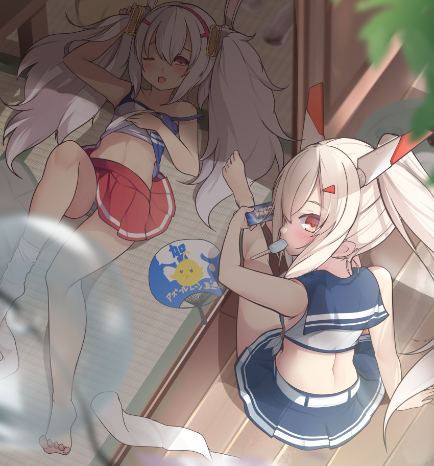 2girls absurdres architecture arm_support ayanami_(azur_lane) azur_lane bangs bare_legs barefoot blonde_hair blue_sailor_collar blue_skirt blush commentary_request day dutch_angle east_asian_architecture feet flat_chest from_above hair_between_eyes hand_fan highres innofance laffey_(azur_lane) legwear_removed light_purple_hair long_hair looking_at_viewer looking_back lying midriff multiple_girls navel one_eye_closed open_mouth paper_fan pleated_skirt ponytail porch red_skirt sailor_collar shouji sidelocks sitting skirt sliding_doors stomach strap_slip summer sunlight tank_top tatami toes twintails very_long_hair yawning