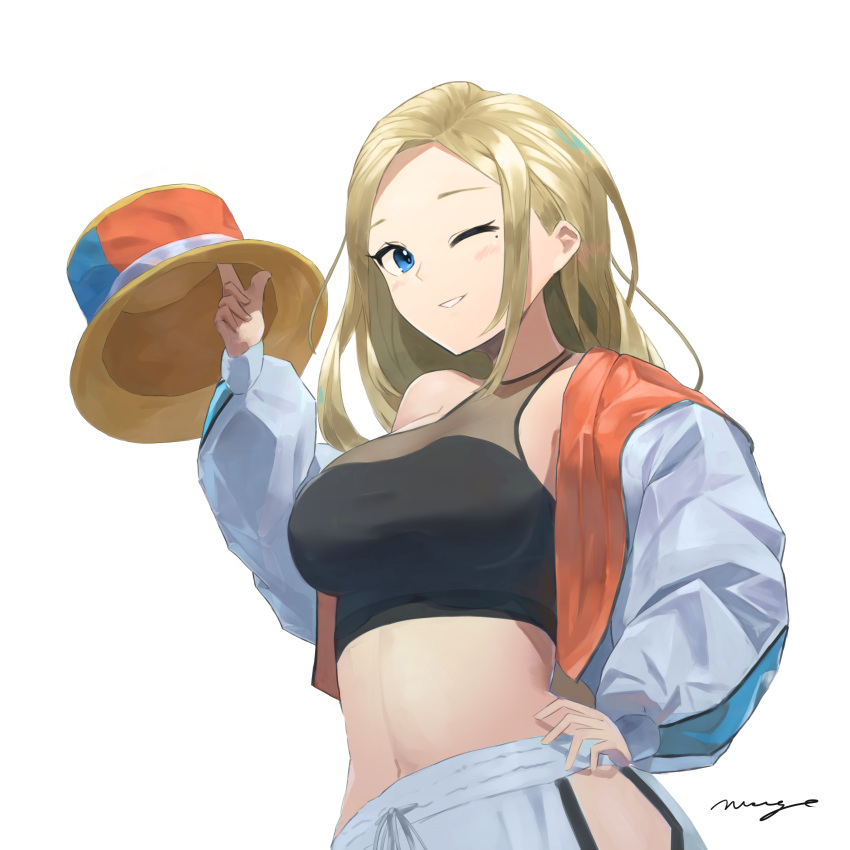 1girl absurdres blonde_hair blue_eyes forehead highres midriff mole mole_under_eye nuage one_eye_closed original simple_background solo stomach white_background