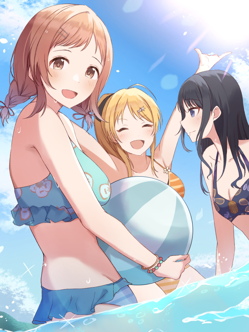 3girls ^_^ ^o^ ball beachball bikini black_hair blonde_hair blue_sky blush breasts brown_hair cleavage closed_eyes collarbone frilled_bikini frills groin hachimiya_meguru hal_ogura halterneck highres idolmaster idolmaster_shiny_colors illumination_stars_(idolmaster) kazano_hiori looking_at_viewer mole mole_under_mouth multiple_girls object_hug outdoors outstretched_arms print_bikini profile sakuragi_mano sky smile striped striped_bikini sun sunlight swimsuit wading