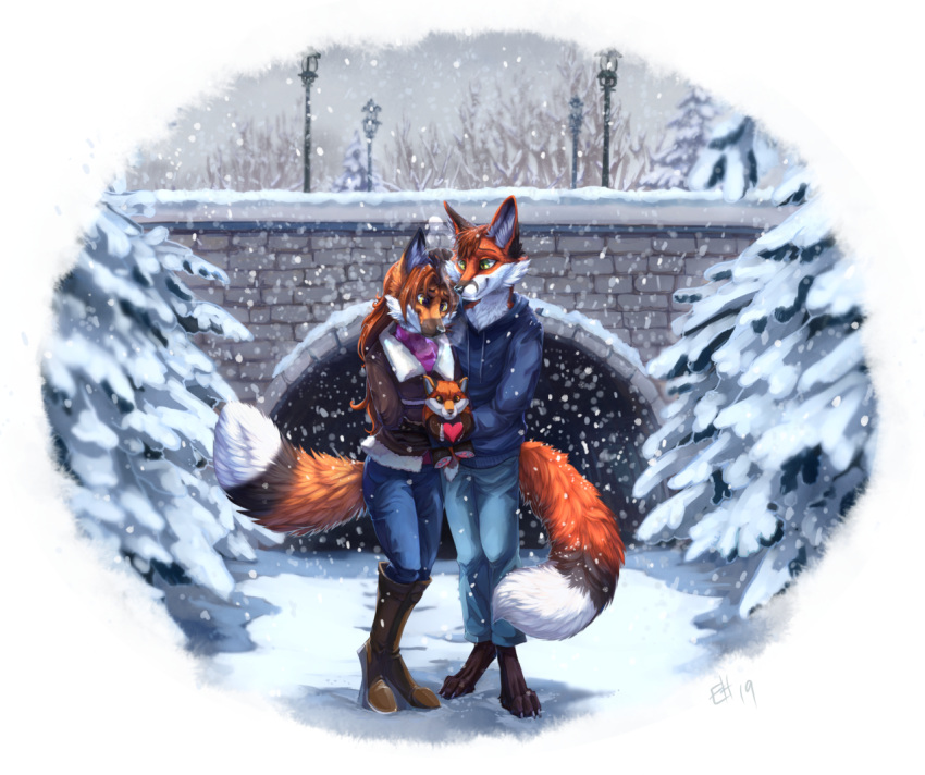 anthro canid canine digital_media_(artwork) female fox hiccupby holidays male male/female mammal park roxy snow squeezy valentine's_day winter