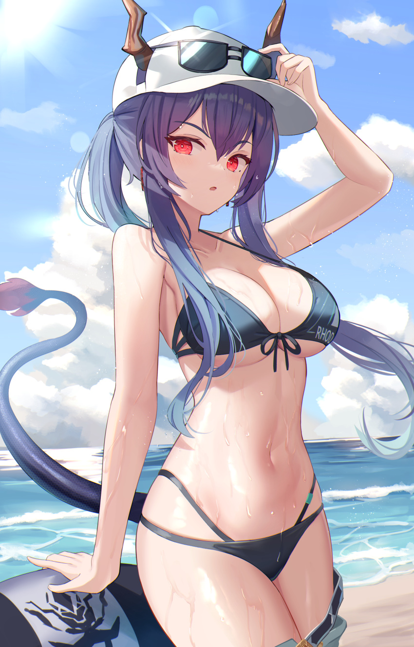 1girl absurdres arknights arm_up bare_arms bare_shoulders baseball_cap beach bikini black_bikini blue_hair breasts ch'en_(arknights) cleavage clothes_pull cowboy_shot day dragon_horns dragon_tail eyewear_on_headwear female_tourist_c_(arknights) front-tie_bikini front-tie_top glint halterneck hand_on_eyewear hat highres horns horns_through_headwear large_breasts long_hair looking_at_viewer mirufuaa multi-strapped_bikini navel ocean outdoors parted_lips ponytail red_eyes shorts shorts_pull sidelocks solo stomach strap_gap string_bikini sunglasses swimsuit tail thighs wet white_headwear