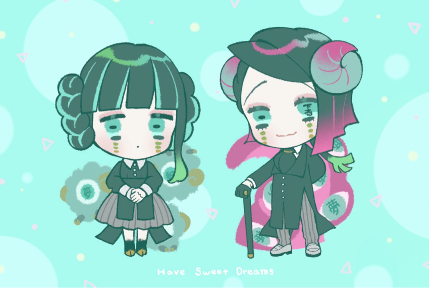 1boy 1girl :3 :o aqua_background arm_behind_back ascot bangs black_ascot black_coat black_gloves black_hair blunt_bangs braid braid_girl_(enmu's_recruits) braided_bun cane chibi closed_mouth coat double_bun enmu_(kimetsu_no_yaiba) extra_eyes facial_mark gloves green_hair grey_footwear grey_pants grey_skirt hair_bun hair_over_shoulder highres holding holding_cane hooves horizontal_pupils horns kimetsu_no_yaiba long_hair long_sleeves looking_at_viewer matching_outfit mihashi_(re4_glo) mismatched_pupils monsterification multicolored_hair outstretched_arm own_hands_together pants pink_hair sheep sheep_boy sheep_girl sheep_horns short_hair_with_long_locks sidelocks skirt smile solo standing streaked_hair text_in_eyes twin_braids