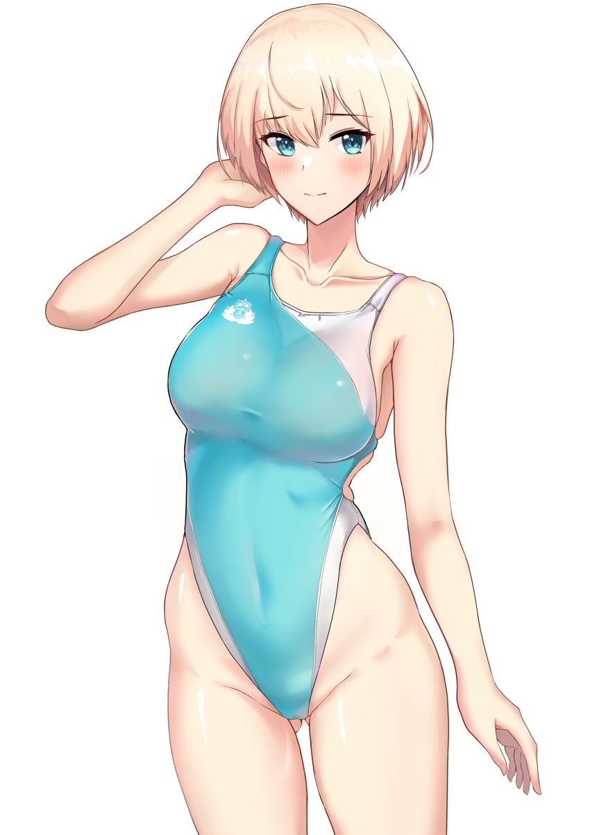 1girl absurdres ass_visible_through_thighs blonde_hair blue_eyes blue_swimsuit breasts competition_swimsuit highleg highres kantai_collection large_breasts looking_at_viewer multicolored_clothes multicolored_swimsuit navel one-piece_swimsuit short_hair simple_background sing152 smile swimsuit tight white_swimsuit