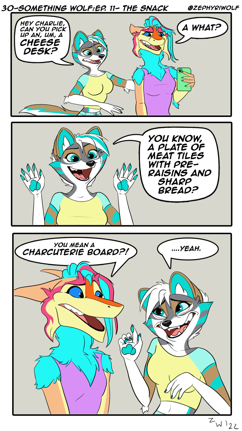 3_panel_comic absurd_res anthro blue_hair blue_sclera canid canine canis cellphone cheek_tuft clothing crop_top dialogue dialogue_box elbow_tuft facial_tuft fangs female female/female fur green_highlights green_pawpads grey_background group hair hi_res highlights_(coloring) humor inner_ear_fluff lips mammal multicolored_body multicolored_fur open_mouth open_smile pawpads paws phone red_highlights sergal shirt simple_background smartphone smile tank_top thick_bottom_lip topwear trio tuft white_hair wolf zephyri_q_wolf zephyriwolf