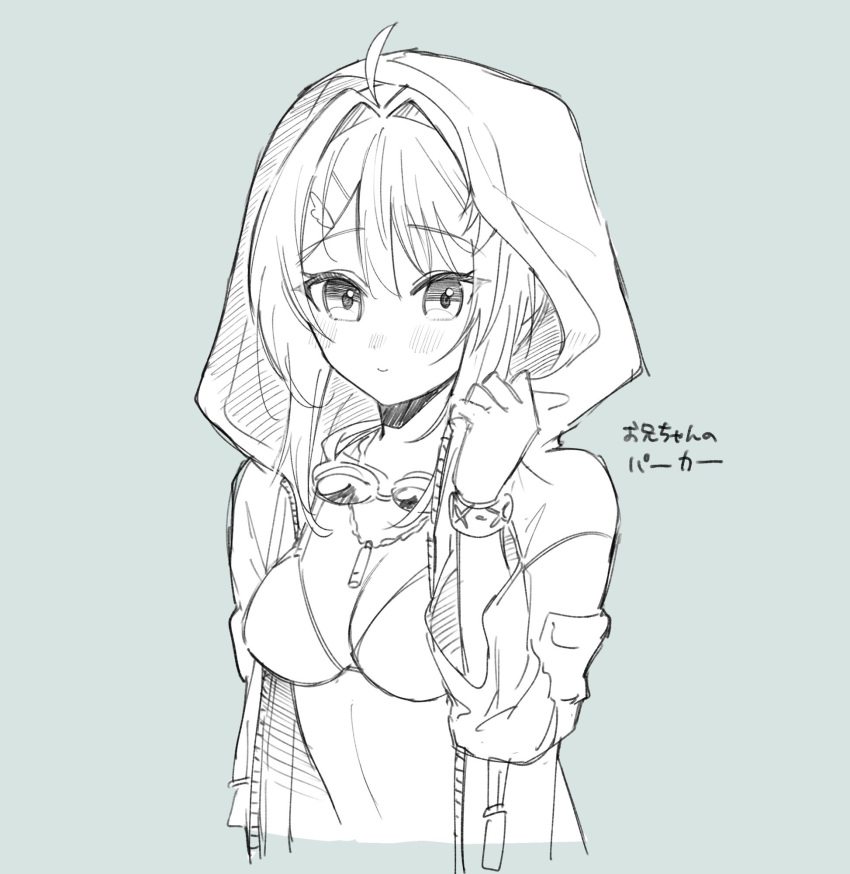 1girl arknights bikini blush bracelet breasts cleavage cropped_torso greyscale hair_between_eyes hair_intakes hair_ornament hairclip hand_up highres hood hood_up hooded_jacket infection_monitor_(arknights) jacket jewelry la_pluma_(summer_flowers)_(arknights) looking_at_viewer medium_breasts monochrome official_alternate_costume open_clothes open_jacket short_hair solo swimsuit upper_body yoshikichi