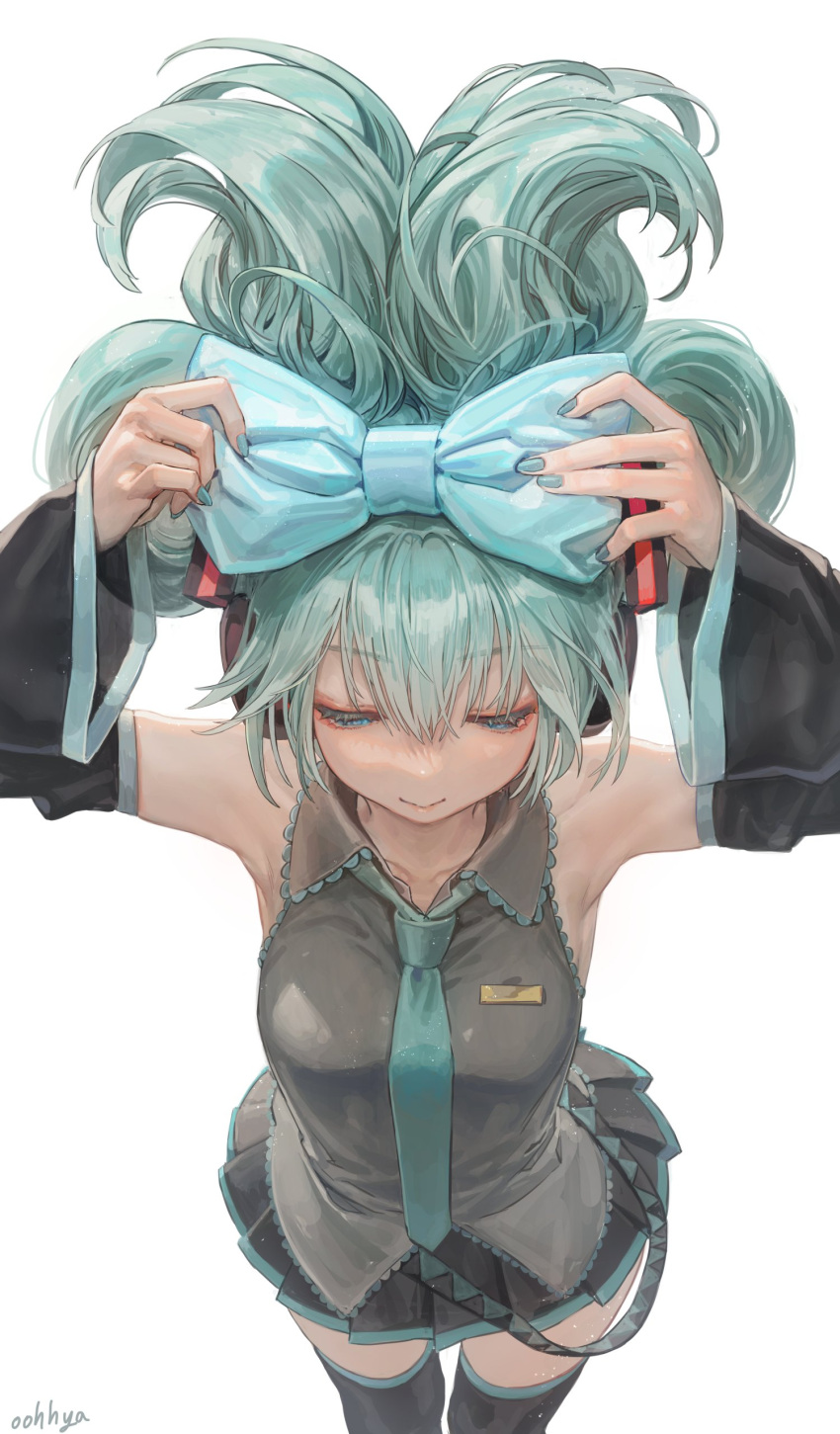 1girl absurdres arms_up bangs black_shirt black_skirt black_thighhighs blue_bow blue_eyes blue_hair blue_nails bow cinnamiku closed_mouth collared_shirt detached_sleeves folded_twintails from_above hair_bow hair_up hatsune_miku highres long_sleeves nail_polish oohhya pleated_skirt shirt signature simple_background skirt sleeveless sleeveless_shirt solo thighhighs updo vocaloid white_background