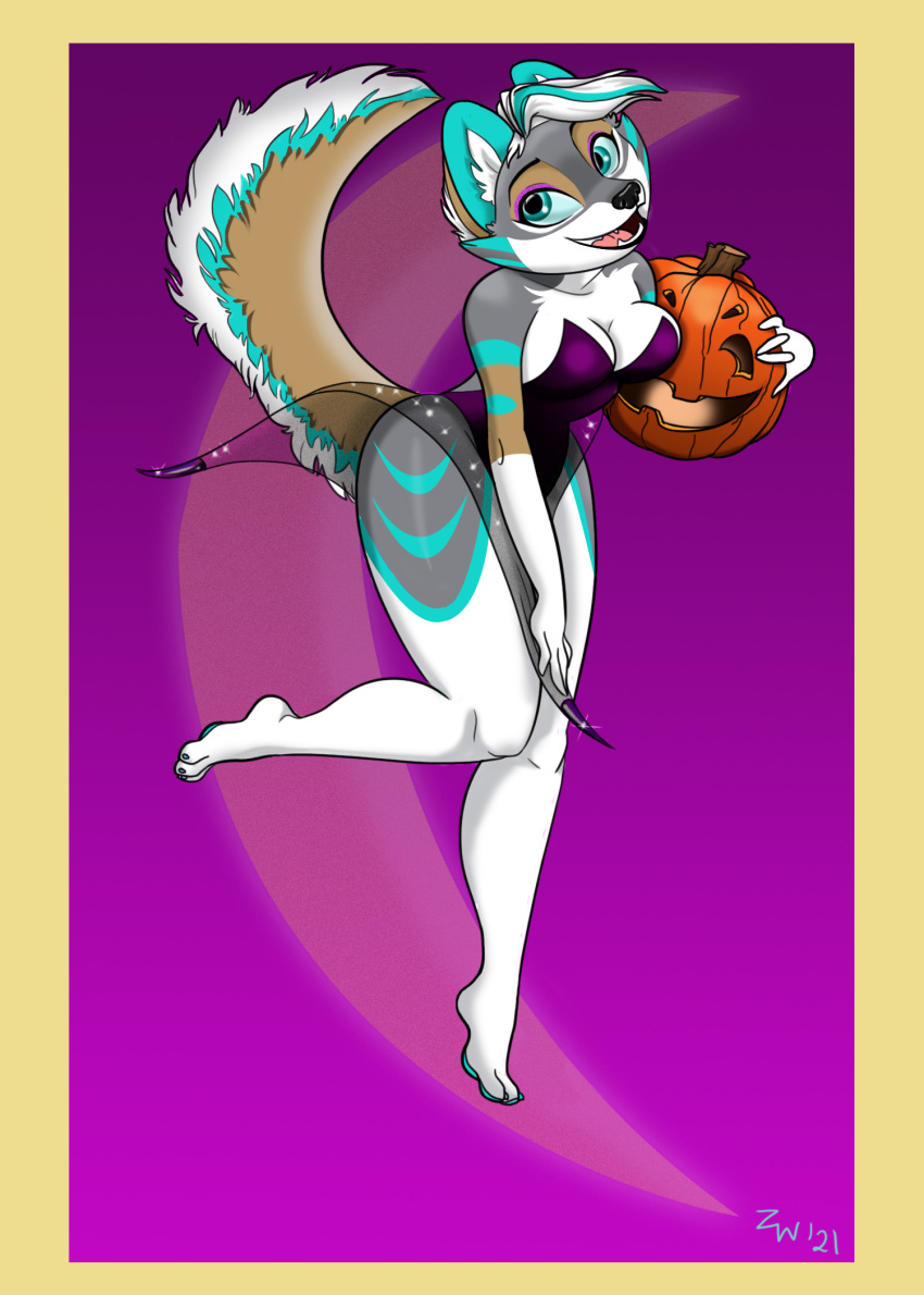 anthro border bottomwear breasts canid canine canis cheek_tuft cleavage clothed clothing clothing_aside facial_tuft fangs female fluffy fluffy_tail food fruit fur green_highlights green_pawpads hair hi_res highlights_(coloring) inner_ear_fluff jack-o'-lantern leotard leotard_aside lips mammal multicolored_body multicolored_fur open_mouth open_smile pawpads paws plant pumpkin purple_background simple_background skirt smile solo thick_bottom_lip translucent translucent_bottomwear translucent_clothing translucent_skirt tuft white_hair wide_eyed wolf yellow_border zephyri_q_wolf zephyriwolf