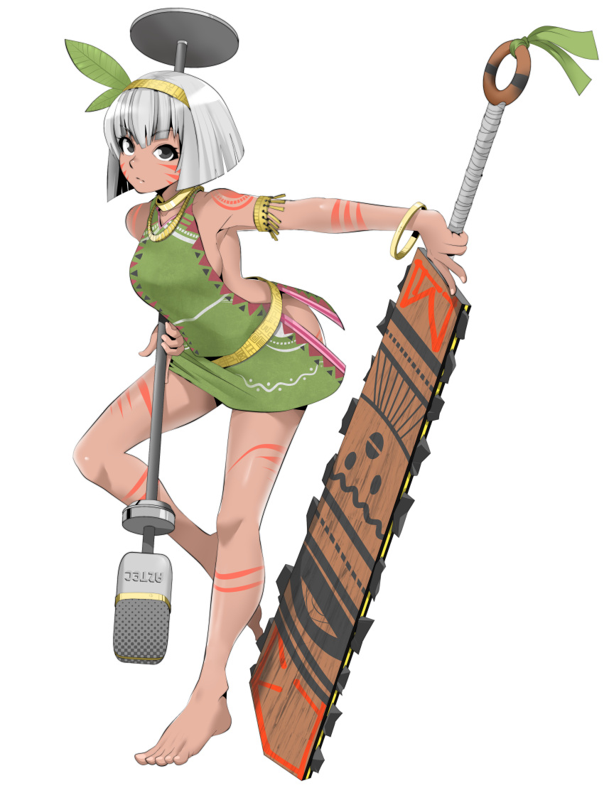 1girl absurdres adapted_costume armband asatsuki_(cookie) asha bangle bare_legs barefoot bob_cut bracelet breasts cookie_(touhou) dark_skin dress feather_hair_ornament feathers full_body gold green_dress grey_hair hair_ornament hair_ribbon highres holding holding_microphone holding_sword holding_weapon jewelry konpaku_youmu macuahuitl medium_breasts microphone microphone_stand ribbon short_hair sleeveless solo standing standing_on_one_leg sword tan tattoo toenails toes touhou weapon