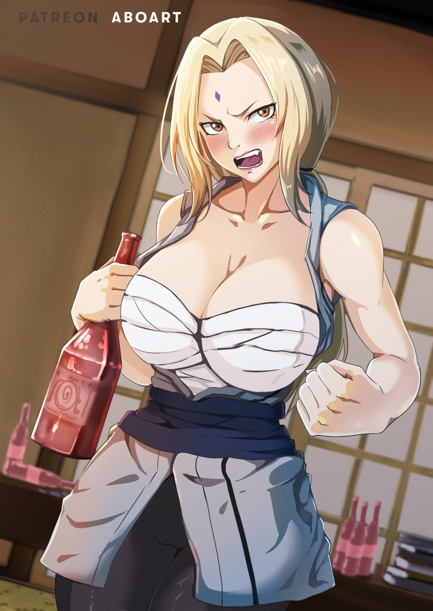 1girl aboart00 absurdres angry artist_name bare_arms bare_shoulders black_pants blonde_hair blush book book_stack bottle breasts breasts_out brown_eyes cameltoe cleavage clenched_hand collarbone commentary commission cowboy_shot drunk embarrassed facial_mark forehead_mark full-face_blush highres holding holding_bottle huge_breasts indoors large_breasts long_hair looking_at_viewer naruto naruto_(series) open_clothes open_mouth open_shirt orange_eyes pants patreon_username pussy sake_bottle sarashi sharp_teeth sleeveless sliding_doors solo teeth thick_thighs thighs toned tongue tsunade_(naruto) upper_teeth v-shaped_eyebrows