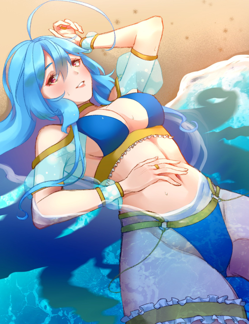 1girl absurdres ahoge aoameayumi aoameayumi_(artist) bare_shoulders beach bikini blue_bikini blue_hair blue_swimsuit bracelet breasts cleavage frills garter_belt hand_on_own_stomach highres jewelry large_breasts lipstick looking_at_viewer lying makeup midriff on_back outdoors partially_submerged red_eyes sand shore smile solo sweatdrop swimsuit thighs tomopulse virtual_youtuber water