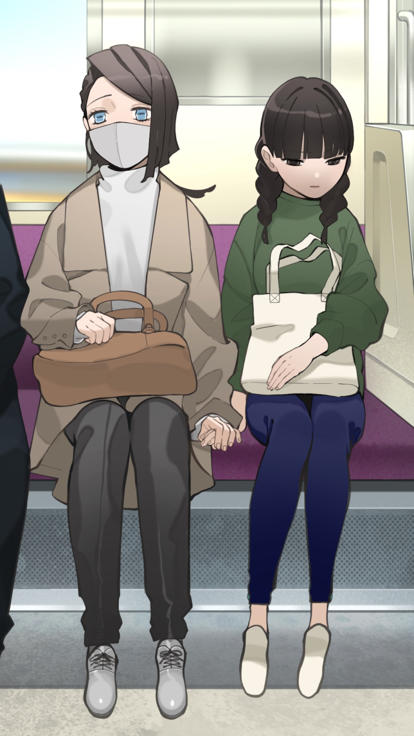 1boy 1girl bag bangs black_eyes black_hair blue_eyes blunt_bangs blush braid braid_girl_(enmu's_recruits) breasts brown_coat closed_mouth coat contemporary couple covered_mouth cross-laced_footwear enmu_(kimetsu_no_yaiba) eyelashes foot_dangle full_body green_sweater grey_footwear grey_pants hair_over_shoulder hand_grab hetero highres holding_hands horizontal_pupils kimetsu_no_yaiba long_hair long_sleeves looking_away looking_down looking_to_the_side mask mihashi_(re4_glo) mouth_mask out_of_frame pants seat short_hair_with_long_locks side-by-side sitting sweater train_interior turtleneck turtleneck_sweater twin_braids white_footwear white_sweater