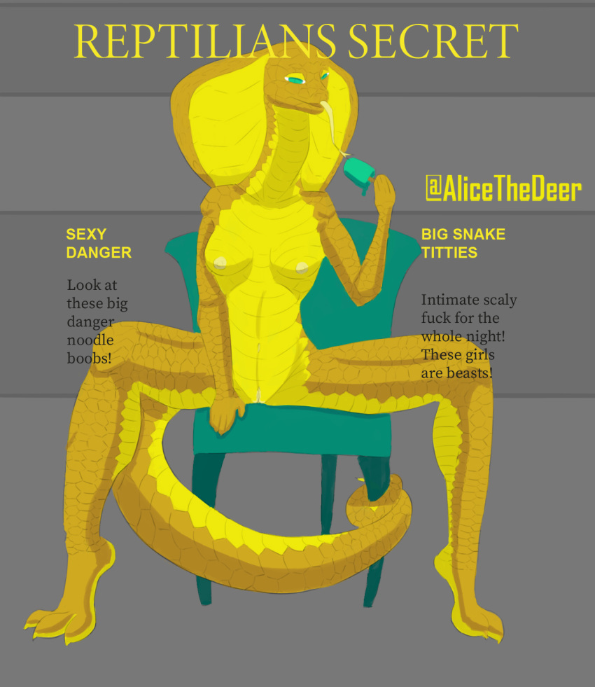 alicethedeer anthro big_breasts blue_eyes breasts cobra cover digital_media_(artwork) female genitals hi_res magazine_cover nipples nude pinup pose pussy reptile scalie simple_background snake snake_hood solo solo_focus thick_thighs tongue tongue_out yellow_body