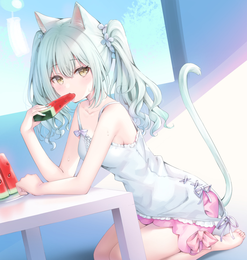 1girl animal_ear_fluff animal_ears bangs bare_arms bare_shoulders barefoot breasts brown_eyes cat_ears cat_girl cat_tail collarbone dress eating flower food green_hair hair_between_eyes hair_flower hair_ornament highres holding holding_food long_hair looking_at_viewer murano original pink_shorts popsicle seiza short_shorts shorts sitting sleeveless sleeveless_dress small_breasts soles solo table tail twintails watermelon_bar white_dress white_flower