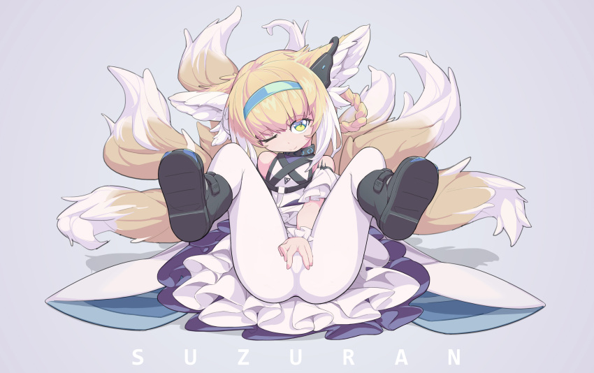 accessory animal_humanoid arknights blush blush_lines bodily_fluids braided_hair canid canid_humanoid canine canine_humanoid clothed clothing dipstick_tail dress female fluffy fluffy_tail fox_humanoid fur hair hair_accessory hairband half-closed_eyes headband hi_res humanoid hypergryph inner_ear_fluff legwear mammal mammal_humanoid markings multi_tail multicolored_tail narrowed_eyes oripathy_lesion short_hair solo spreading stockings studio_montagne suzuran_(arknights) tail_markings tan_body tan_ears tan_fur tears tuft urethra video_games white_clothing white_legwear white_stockings yizhizhayu