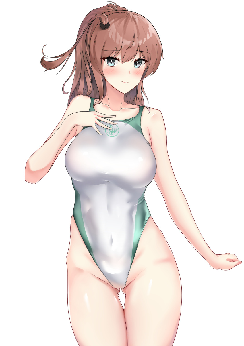 1girl absurdres ass_visible_through_thighs blue_eyes blue_swimsuit bow breasts brown_hair competition_swimsuit covered_nipples hair_bow highleg highres kantai_collection large_breasts looking_at_viewer multicolored_clothes multicolored_swimsuit navel one-piece_swimsuit saratoga_(kancolle) side_ponytail silver_swimsuit simple_background sing152 smile swimsuit tight