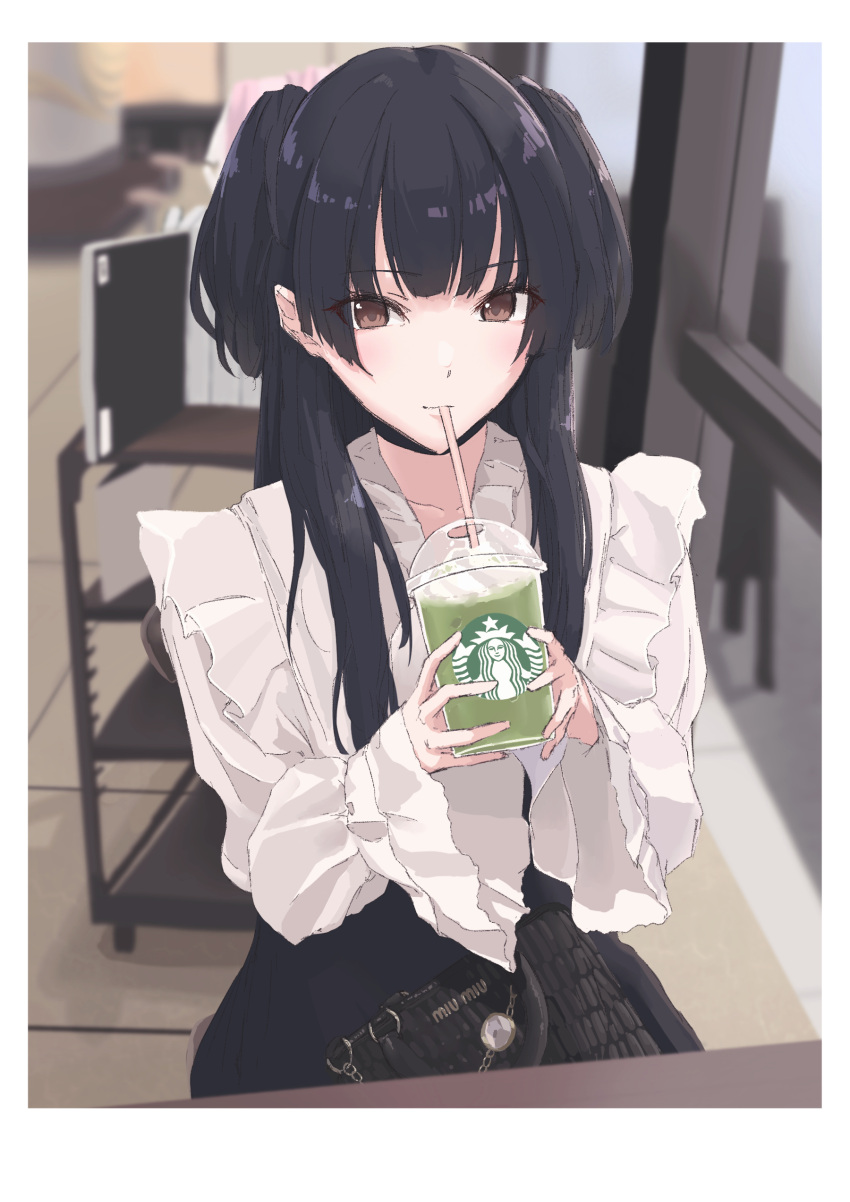 1girl absurdres black_hair black_skirt blurry blurry_background cafe cup disposable_cup drinking drinking_straw frilled_shirt_collar frills highres holding holding_cup idolmaster idolmaster_shiny_colors indoors leather_bag looking_at_viewer mayuzumi_fuyuko ryus shirt sitting skirt solo starbucks two_side_up white_shirt wide_sleeves