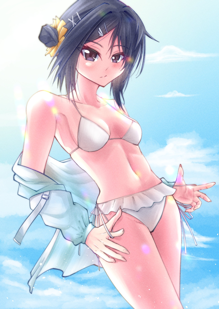 1girl absurdres arknights bangs bare_shoulders bikini bikini_skirt breasts dryegen grey_hair hair_intakes highres jacket la_pluma_(arknights) la_pluma_(summer_flowers)_(arknights) long_sleeves looking_at_viewer medium_hair navel open_clothes open_jacket small_breasts standing stomach swimsuit white_bikini