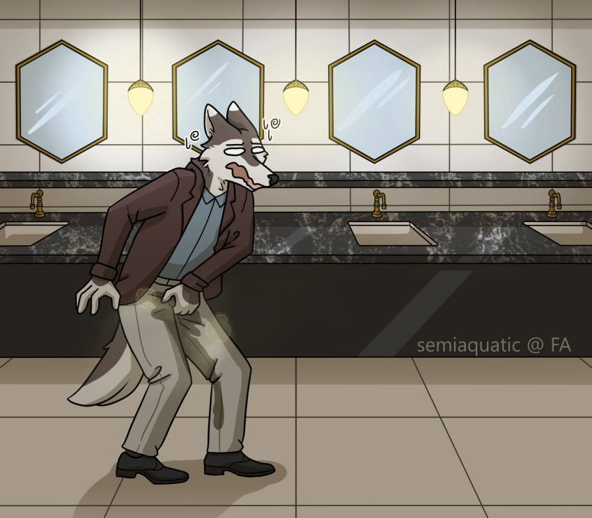 2022 anthro apex_(artist) bathroom bodily_fluids bottomwear canid canine canis clothing dress_pants dress_shirt dress_shoes genital_fluids hi_res holding_crotch hunched_over male mammal mirror omorashi pants shirt sink solo suit_jacket sweat sweatdrop topwear urine wet wet_bottomwear wet_clothing wet_pants wetting wolf