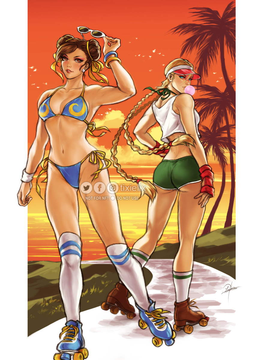 2girls ass ass_visible_through_thighs beach bikini blue_bikini bracelet braid breasts bubble_blowing cammy_white chewing_gum chun-li cleavage crop_top double_bun earrings eyewear_removed fingerless_gloves gloves hair_bun hair_ribbon highres jewelry kneehighs lixin_wang looking_at_viewer looking_back multiple_girls parted_lips pearl_earrings ribbon roller_skates short_shorts shorts side-tie_bikini skates smile socks street_fighter sunglasses sunset swimsuit tank_top twin_braids visor_cap wristband