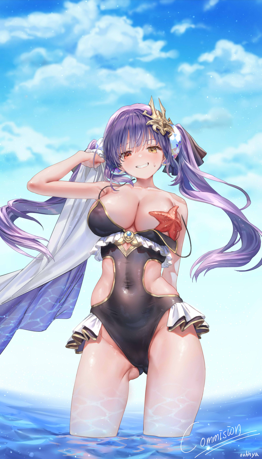 1girl absurdres ass_visible_through_thighs bangs black_swimsuit blush breasts cleavage clothes_pull commission covered_navel cowboy_shot day floating_hair grin hair_ornament highres large_breasts long_hair one_eye_closed oohhya original outdoors purple_hair red_eyes smile solo spaghetti_strap starfish swimsuit swimsuit_pull twintails wading water yellow_eyes
