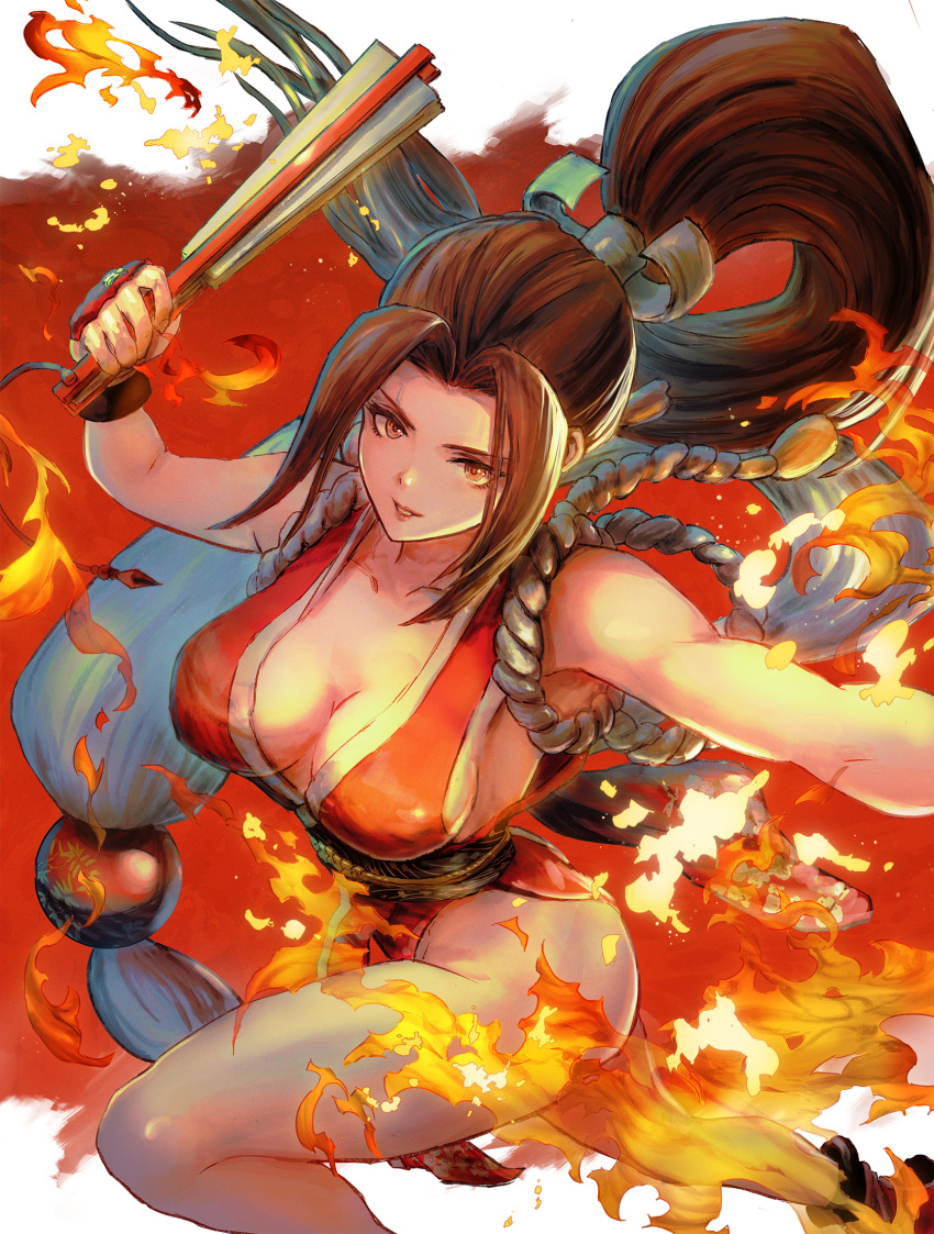 1girl bangs bare_shoulders breasts brown_eyes brown_hair cleavage collarbone commentary_request fatal_fury fire folded_fan folding_fan hair_ornament hand_fan highres japanese_clothes large_breasts light_smile lips long_hair looking_at_viewer mitsu_plus ninja obi parted_bangs ponytail revealing_clothes rope sash shiranui_mai simple_background sleeveless smile the_king_of_fighters the_king_of_fighters_xv thighs