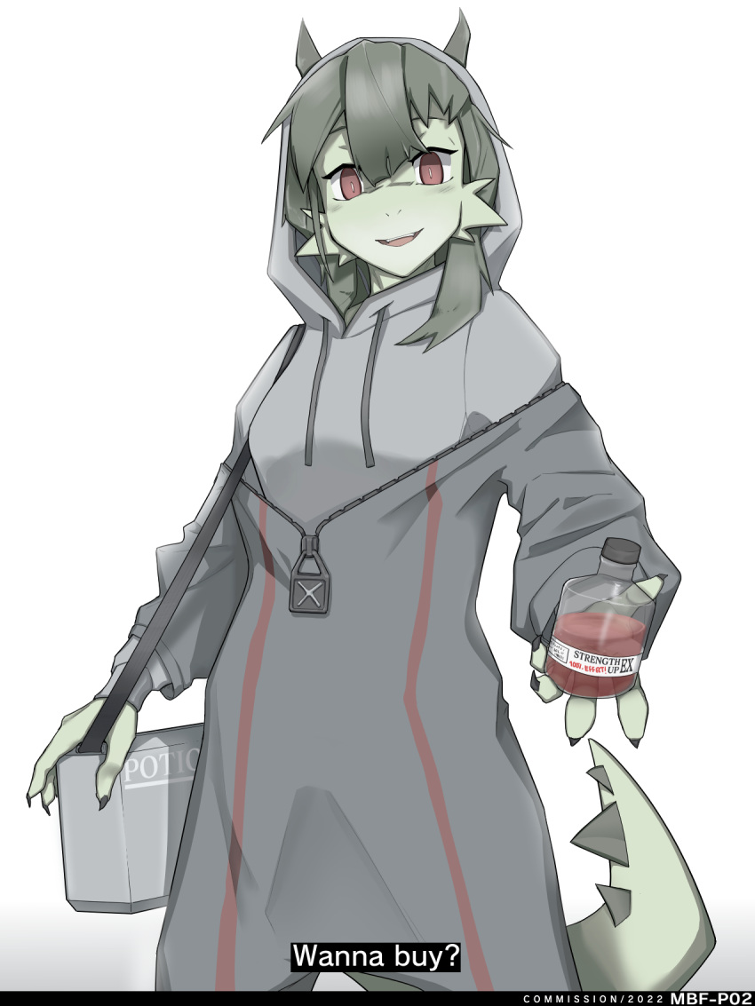 2022 anthro bag clothed clothing dialogue english_text female green_body green_hair green_skin hair half-length_portrait hi_res hoodie kobold looking_at_viewer mbf-p02 merchant nails open_mouth portrait potion red_eyes solo teeth text tongue topwear zipper