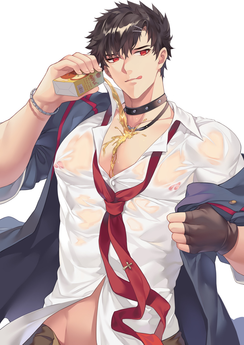 1boy absurdres bangs bara belial_(granblue_fantasy) black_choker black_gloves black_hair black_jacket box bracelet choker covered_nipples fingerless_gloves gloves granblue_fantasy hair_ornament hairclip highres holding holding_box jacket jewelry juice_box large_pectorals male_focus muscular muscular_male necktie open_clothes open_jacket pectorals qwq1151h red_eyes see-through shirt short_hair simple_background single_glove solo tongue tongue_out undone_necktie upper_body wet wet_clothes white_background white_shirt