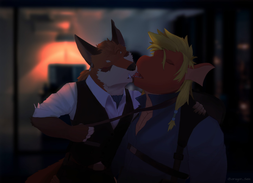 accessory anthro canid canine clothing clothing_pull dragon dress_shirt duo ear_piercing ear_ring eyes_closed fox french_kissing hair hair_accessory hi_res kissing long_hair male male/male mammal necktie necktie_pull office oragon_seis piercing ponytail red_fox ring_piercing shirt sleeves snaggle_tooth topwear vest