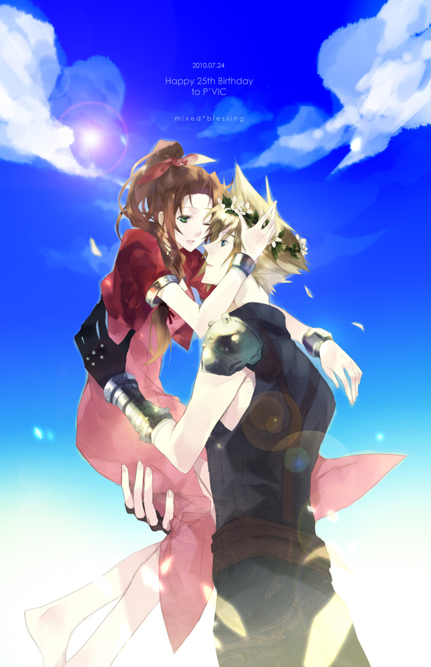 1boy 1girl aerith_gainsborough bangle bangs barefoot belt blonde_hair blue_eyes blue_pants blue_shirt bracelet breasts brown_hair carrying carrying_person cloud_strife couple cropped_jacket dress falling_petals final_fantasy final_fantasy_vii fingerless_gloves gloves green_eyes hair_ribbon head_wreath highres jacket jewelry long_dress long_hair looking_at_another medium_breasts omix one_eye_closed outdoors pants parted_bangs parted_lips petals pink_dress pink_ribbon red_jacket ribbon shirt short_hair short_sleeves sidelocks sleeveless sleeveless_turtleneck spiked_hair suspenders turtleneck