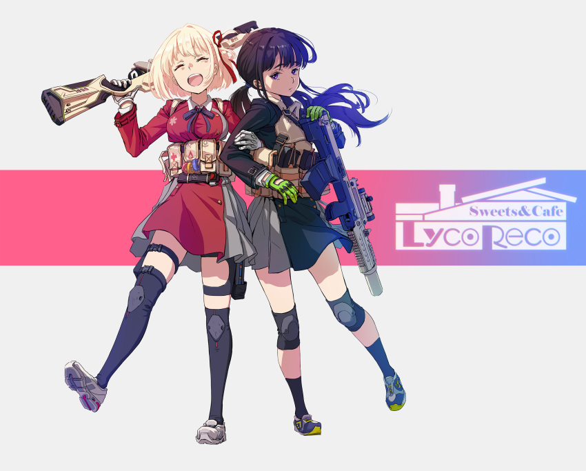 2girls black_hair breasts closed_eyes copyright_name full_body gloves grey_background gun highres holding holding_gun holding_weapon inoue_takina knee_pads large_breasts locked_arms long_hair lycoris_recoil multiple_girls nishikigi_chisato open_mouth pouch purple_eyes ribbon rifle school_uniform shoes short_hair simple_background skirt smile sneakers tactical_clothes thighhighs torm819 twintails unamused weapon