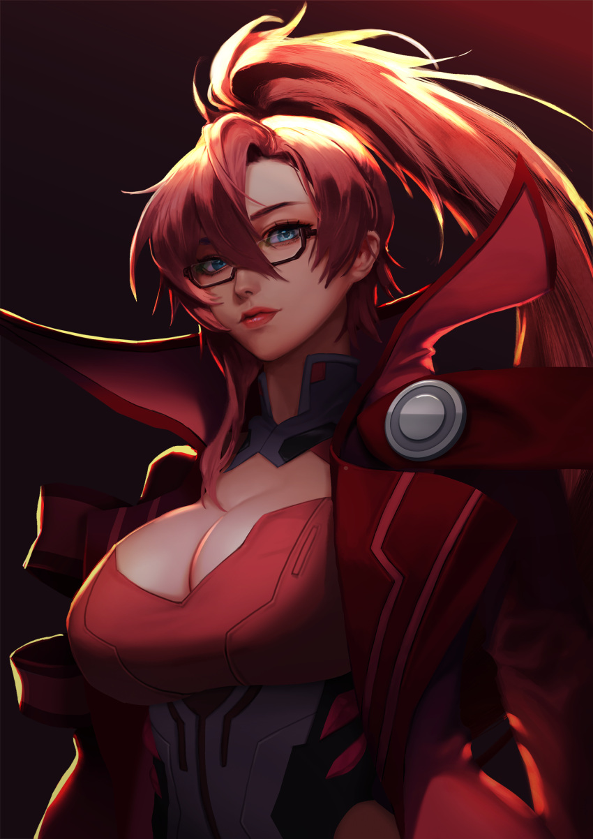 1girl blue_eyes breasts coat glasses hair_between_eyes high_ponytail highres labyrista large_breasts long_hair looking_at_viewer open_clothes open_coat osuti princess_connect! red_coat red_hair solo very_long_hair