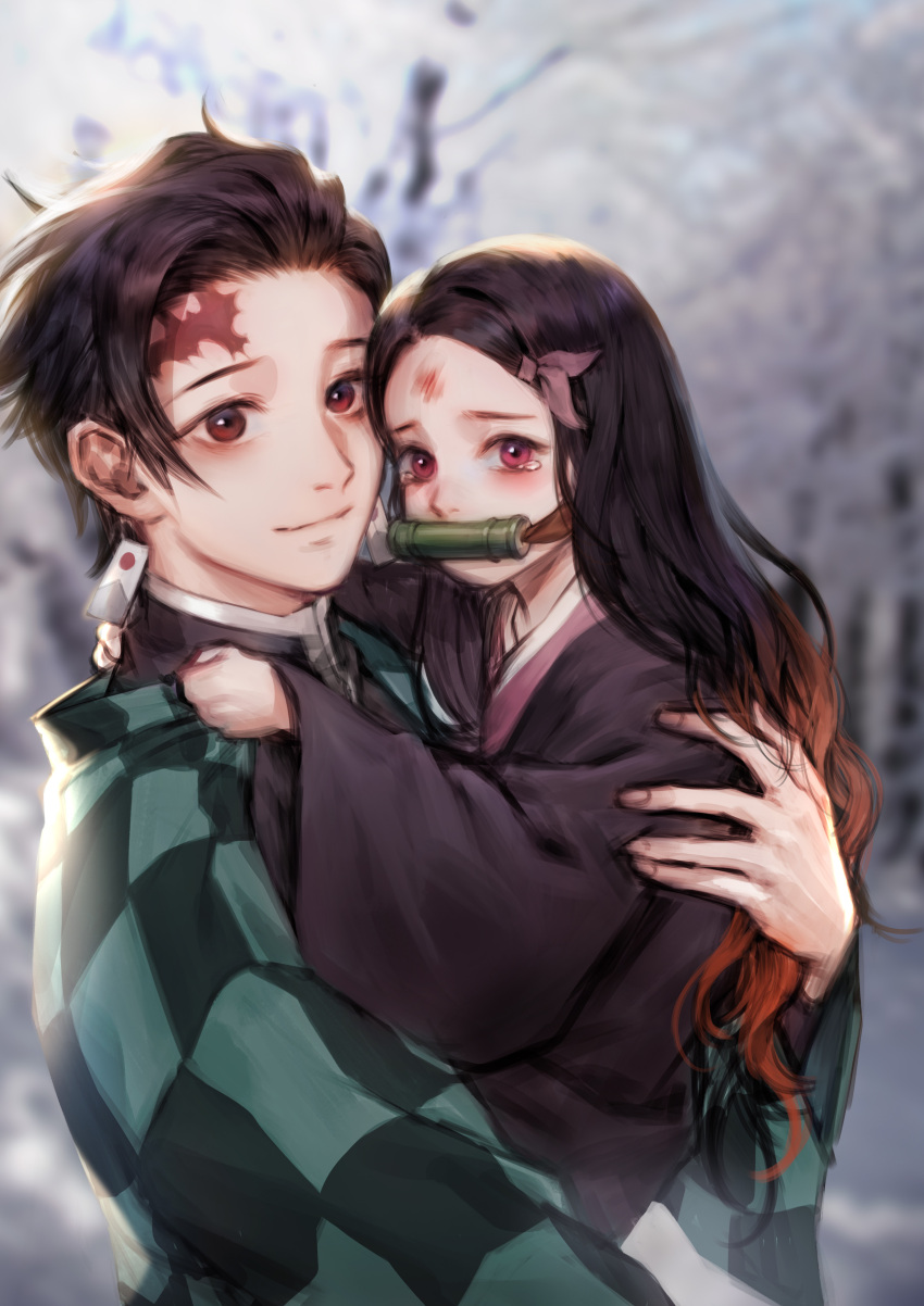 1boy 1girl absurdres bamboo belt bit_gag black_hair blood blood_on_face blurry blurry_background brother_and_sister bruise bruise_on_face carrying checkered_clothes child child_carry clothes_grab commentary demon_slayer_uniform earrings english_commentary female_child forest gag gagged hair_ribbon haori highres hurt injury japanese_clothes jewelry kamado_nezuko kamado_tanjirou kimetsu_no_yaiba kimono long_hair long_sleeves looking_afar mouth_hold multicolored_hair nature orange_hair pink_kimono pink_ribbon red_eyes ribbon ryeowon_kwon scar scar_on_face scar_on_forehead short_hair siblings streaked_hair tearing_up two-tone_hair upper_body wide_sleeves
