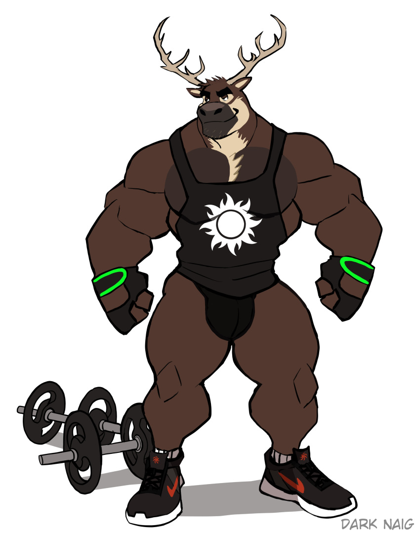 2022 absurd_res anthro antlers artist_name barazoku biceps big_bulge big_muscles bulge cervid clothed clothing darknaigart dumbbell eyebrows facial_hair fingerless_gloves footwear fur gloves handwear hi_res horn huge_muscles male mammal muscular muscular_anthro muscular_male pecs shadow shirt shoes simple_background smile socks solo standing tank_top thick_thighs thong topwear tuft underwear weights white_background