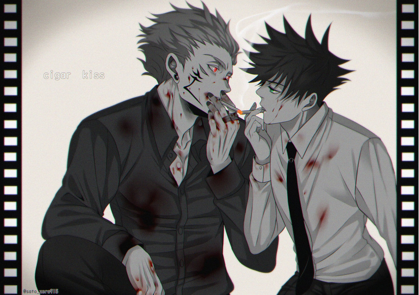 2boys arm_tattoo bangs blood blood_on_clothes blood_on_face blood_on_hands cigarette cigarette_kiss commentary_request couple dress eyelashes facial_tattoo fingernails fushiguro_megumi green_eyes hair_between_eyes highres holding holding_cigarette jewelry jujutsu_kaisen long_sleeves looking_at_another male_focus multiple_boys nail_polish necktie pants red_eyes ring ryoumen_sukuna_(jujutsu_kaisen) sato_zero915 short_hair smoke smoking spiked_hair tattoo yaoi