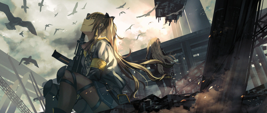 2girls armband bird black_jacket black_pantyhose brown_eyes brown_hair cloud cloudy_sky fujita_(condor) girls'_frontline gun h&amp;k_ump h&amp;k_ump45 h&amp;k_ump9 heckler_&amp;_koch highres jacket long_hair long_sleeves multiple_girls one_side_up outdoors pantyhose shirt sitting sky standing submachine_gun twintails ump45_(girls'_frontline) ump9_(girls'_frontline) weapon white_shirt