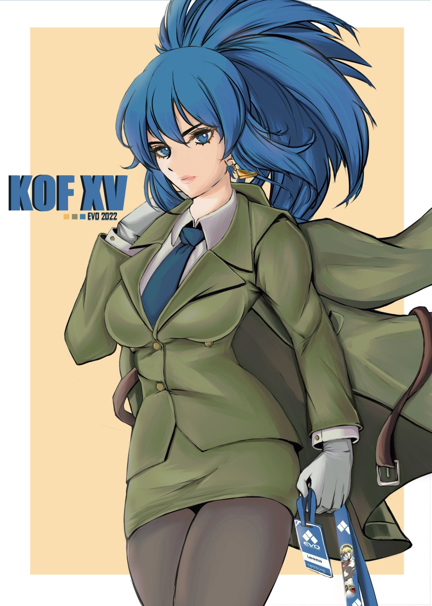 1girl alternate_costume badge blue_eyes blue_hair blue_necktie breasts earring_removed gloves highres id_card ikari_hime leona_heidern lips necktie office_lady pantyhose ponytail simple_background skirt solo the_king_of_fighters triangle_mouth white_gloves