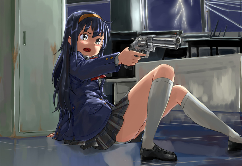 1girl aiming bangs black_eyes black_hair black_skirt blue_jacket blush bow bowtie breasts commentary_request doraemon:_nobita_no_biohazard full_body gun hairband highres holding holding_gun holding_weapon indoors jacket kneehighs lightning long_hair long_sleeves looking_afar medium_breasts midorikawa_seina morgan_(adfx01f) on_floor open_mouth panties plaid plaid_skirt pleated_skirt red_bow red_bowtie revolver shirt skirt smith_&amp;_wesson socks solo_focus underwear weapon white_panties white_shirt white_socks window yellow_hairband
