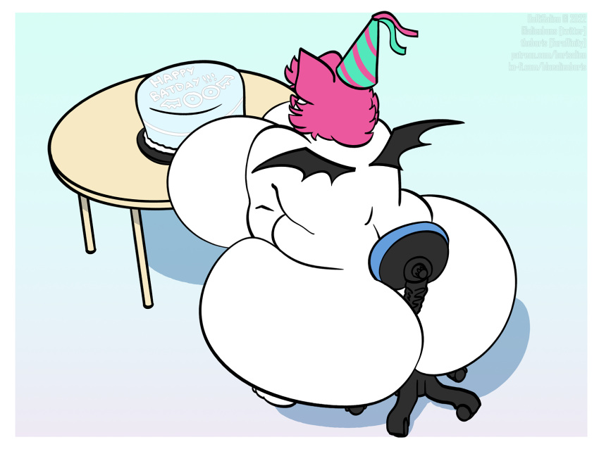 anthro big_breasts big_butt birthday birthday_cake borisalien breasts butt cake chair chiropteran dessert female food furniture hi_res huge_breasts huge_butt mammal moogie_(twistcmyk) nude overweight solo wings